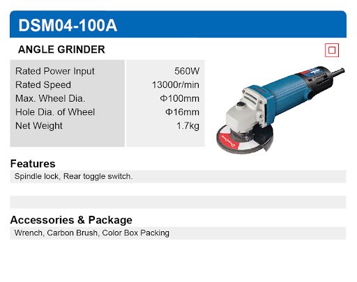 ANGLE GRINDER DSM04 100A DONGCHENG specification sheet