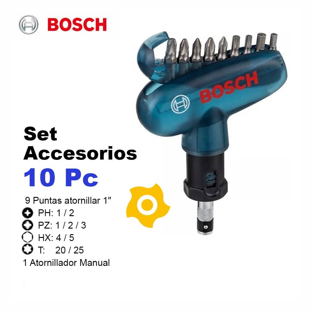 10-piece Bosch “Pocket” screwdriver bit set with manual Bosch 2607017413 specification sheet