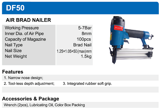 AIR BRAD NAILER DF50 DONGCHENG specification sheet