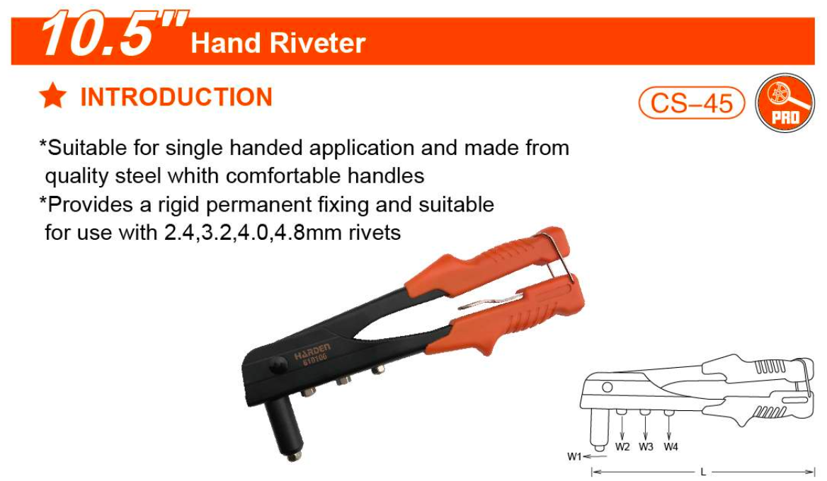 10.5" Hand Riveter 610106 Harden specification sheet