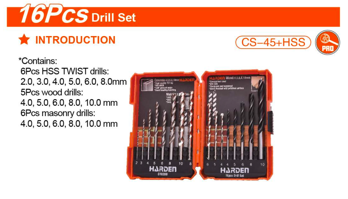 16Pcs Drill Set 610289 Harden specification sheet