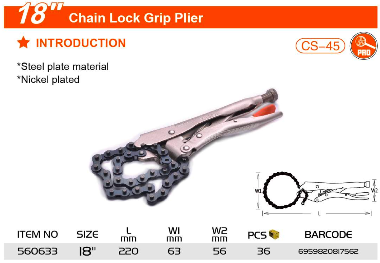 18" Chain Lock Grip Plier 560633 Harden specification sheet