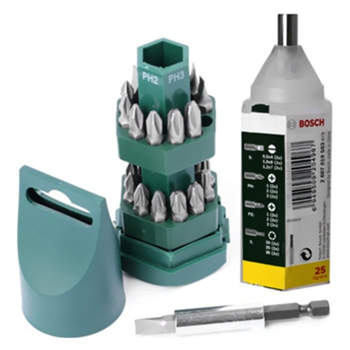 25-piece Bosch “Big Bit” screwdriver bit set. Bosch 2607017404 specification sheet