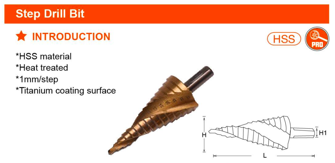 4-12mm - 4-20mm 4-32mm Step Drill Bit 614112 - 614120 - 614132 Harden specification sheet