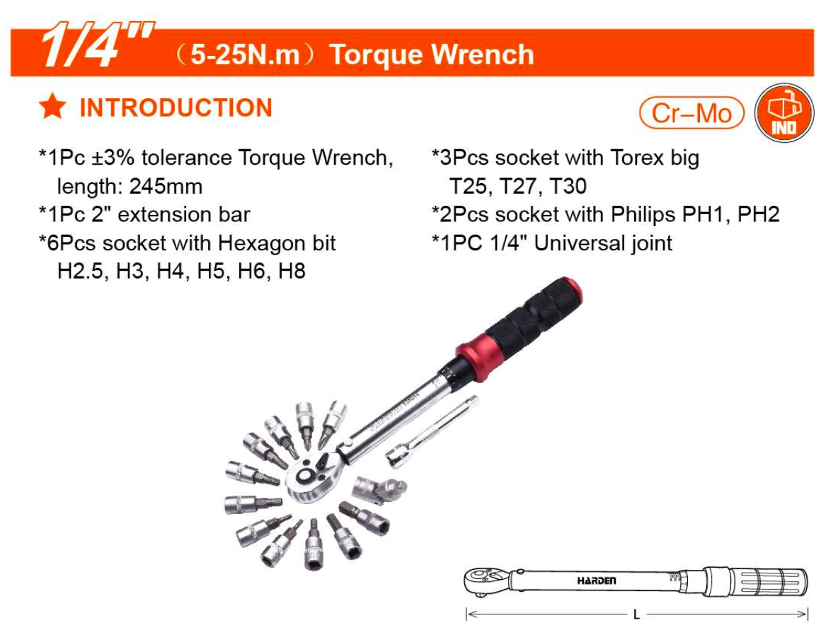 5-25N.m 13Pcs 1/4" Torque Wrench Set 538014 Harden specification sheet