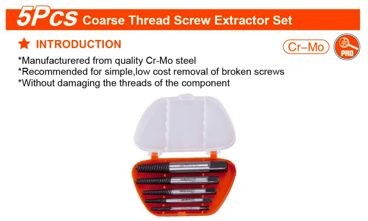 5Pcs Coarse Thread Screw Extractor Set 610555 Harden specification sheet