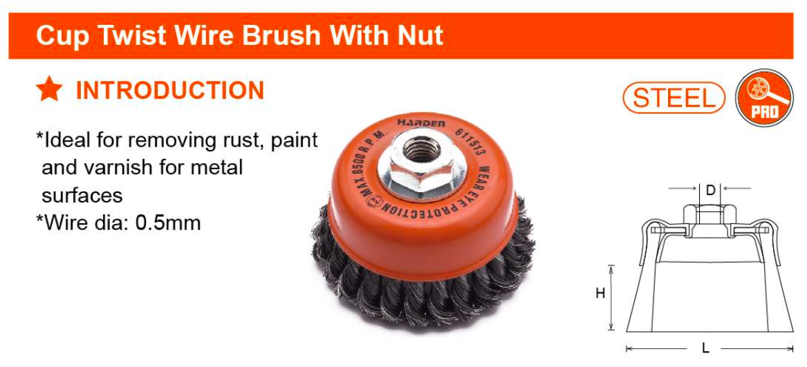 75mmXM14x2.0 Cup Twist Wire Brush With Nut 611512 Harden specification sheet