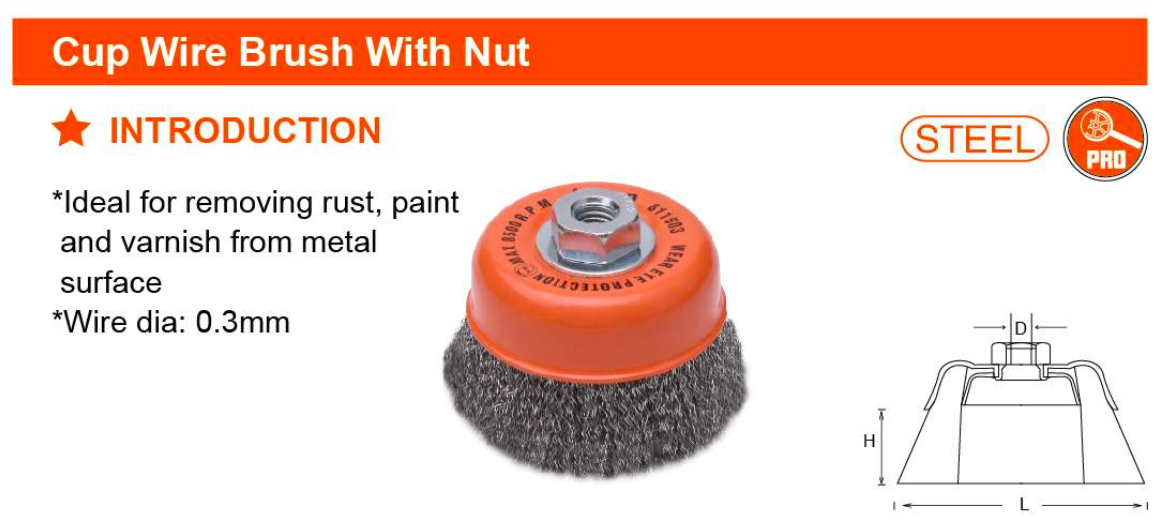 75mmXM14x2.0 Cup Wire Brush With Nut 611502 Harden specification sheet