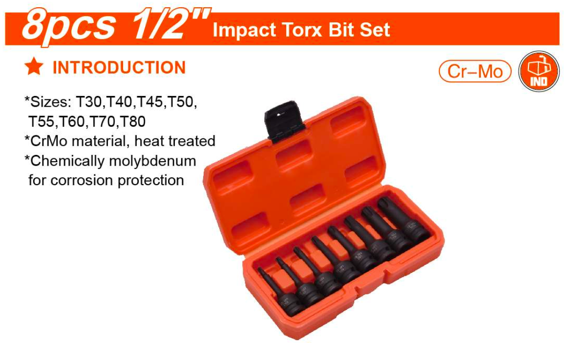 8Pcs 1/2" Impact Torx Bit Set 537038 Harden specification sheet