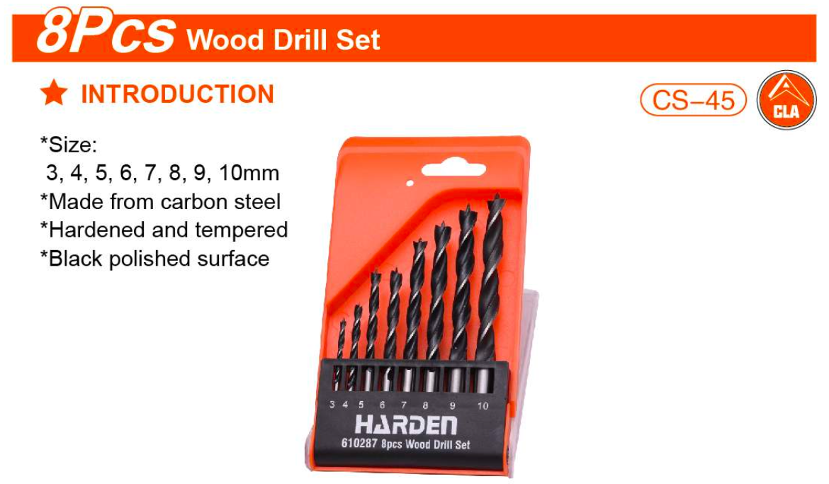 8Pcs Wood Drill Set 610287 Harden specification sheet