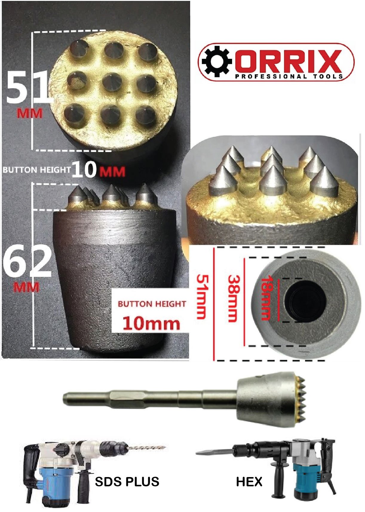 9-BUTTON CHIPPING HAMMER HEAD FOR ROTARY HAMMER, CHIPPING TOOL FOR CONCRETE specification sheet