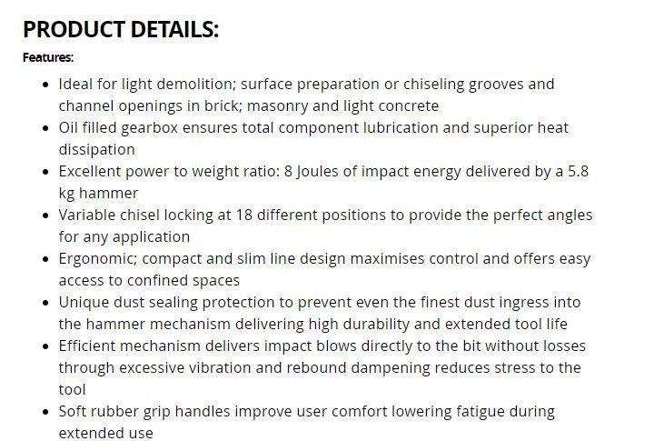 Dewalt Demolition Hammer 5Kg OGD-D25820K specification sheet