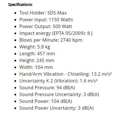 Dewalt Demolition Hammer 5Kg OGD-D25820K specification sheet