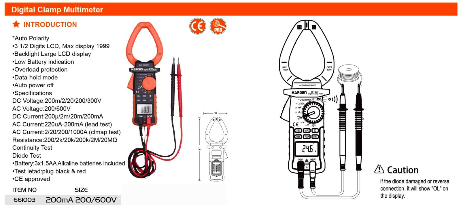Digital Clamp Multimeter 661003 Harden specification sheet