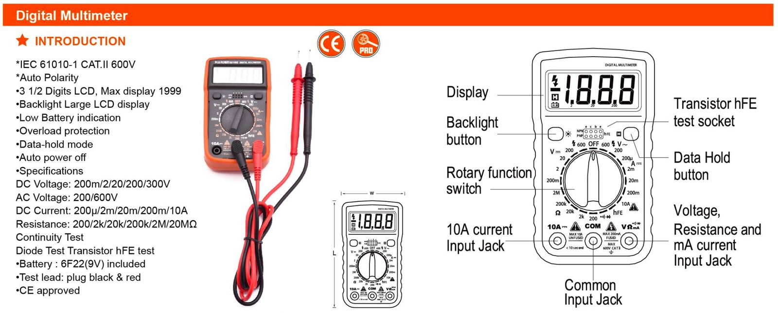 Digital Multimeter 661002 Harden specification sheet