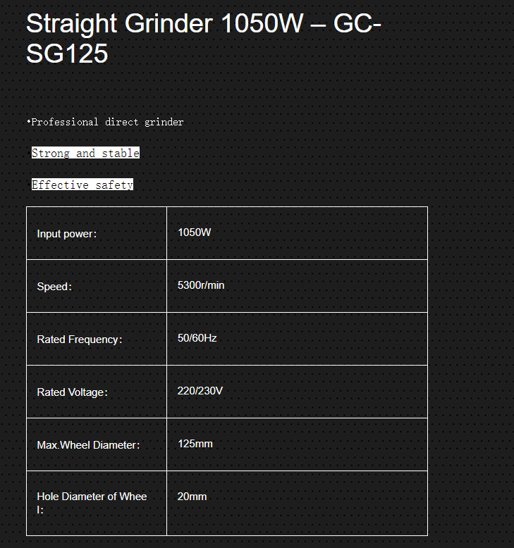 STRAIGHT GRINDER GC-SG125 1050W GAOCHENG VERTICAL GRINDER specification sheet
